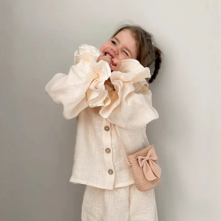 2025 Baby Girls' Spring and Autumn New Style Suit Casual Flared Sleeve Shirt and Wide Leg Pants Kids Two-piece Set