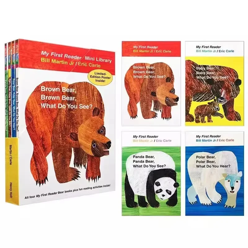 

4 Books English Picture Books Children Mini Story:Brown,Panda,Baby,Polar Bear,What Do You SeeEric Carle Kids Toy Book