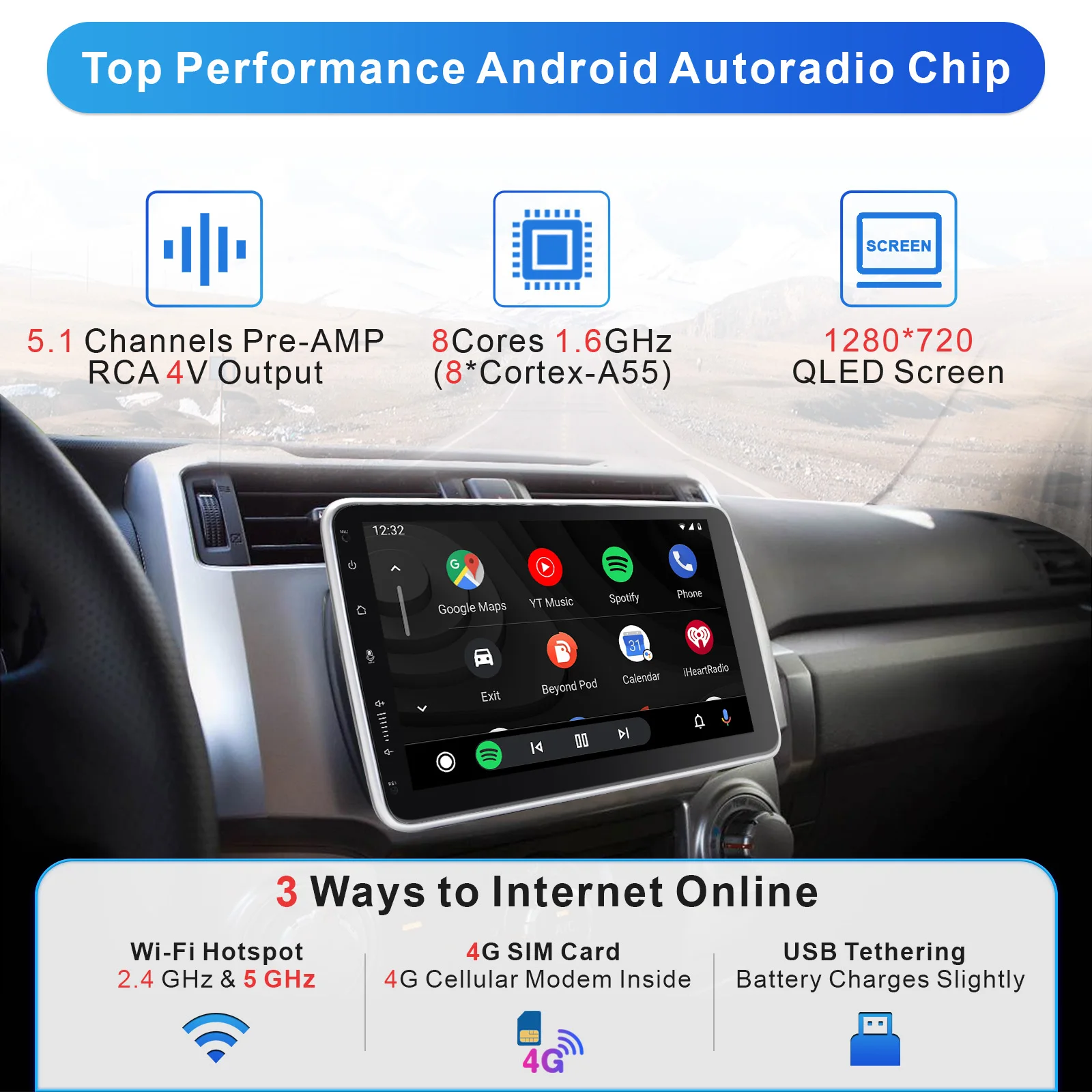IYING, autoradio Android con processore a 8 core, schermo da 9 pollici (formato 1DIN) o da 10 pollici (formato 2DIN), 4 GB di RAM e 32 GB di memoria interna, con CarPlay e Android Auto wireless, GPS,