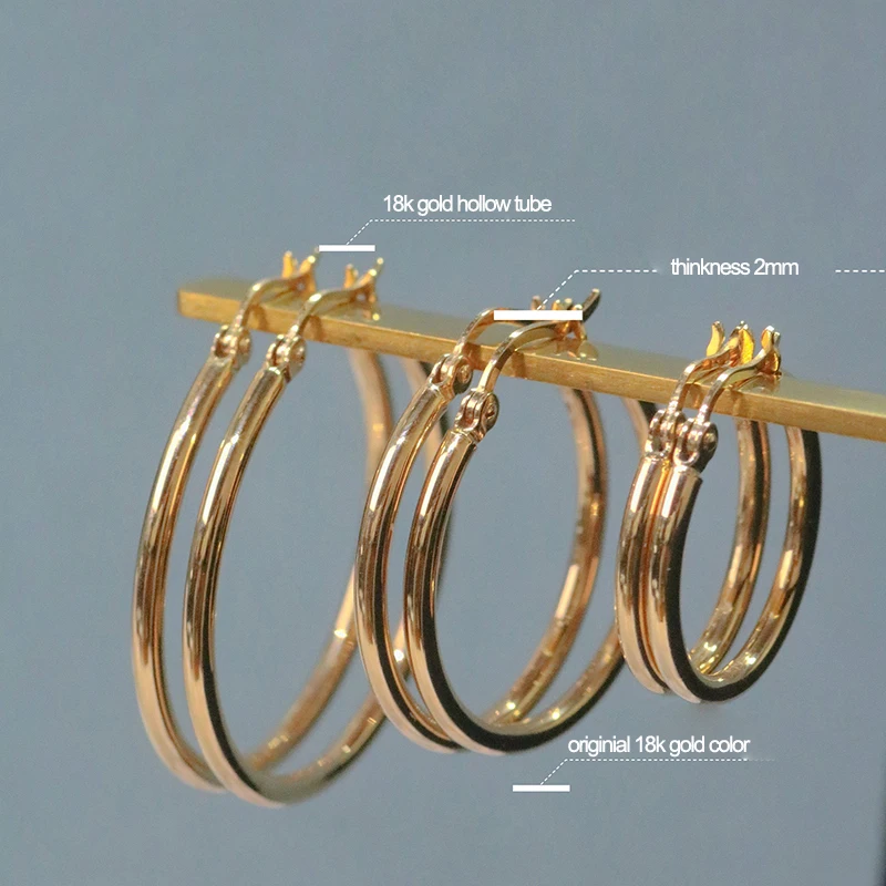 18K Gold 15-40mm Hoop Earrings for Women Italy Pure Au750 Gold Hollow Tube Earrings with Buckle Custom Jewelry Birthday Gift