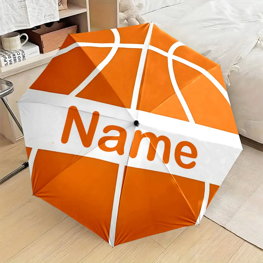 Customized Name Basketball Print 8 Iron Ribs Folding Umbrella, Auto-Open Fashionable Sunshade, Plastic Handle Deluxe Gift