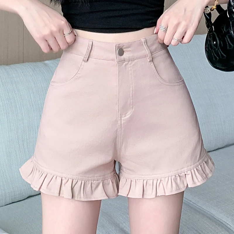 

Summer Women's High Waist Denim Shorts Pleated Hemline Design Bodycon Hot Pants Trendy Commute Style Short Length Jeans