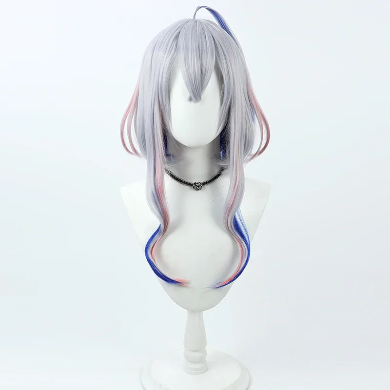 Vtuber Amane Kanata cosplay wig 55cm silver blue mixed pink heat resistant synthetic hair Halloween role play free wig cap