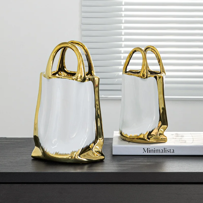 Handbag Shape Vase Gold-plated Ceramic Plant Pot Table Decoration Flower Arrangement Flowers Vases