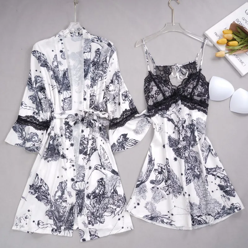 

Print Lace Nightgown Women Satin Sleepwear Bride Wedding Bathrobe Gown Sexy Sleepwear Lady's Rayon Homewear Kimono Lingerie