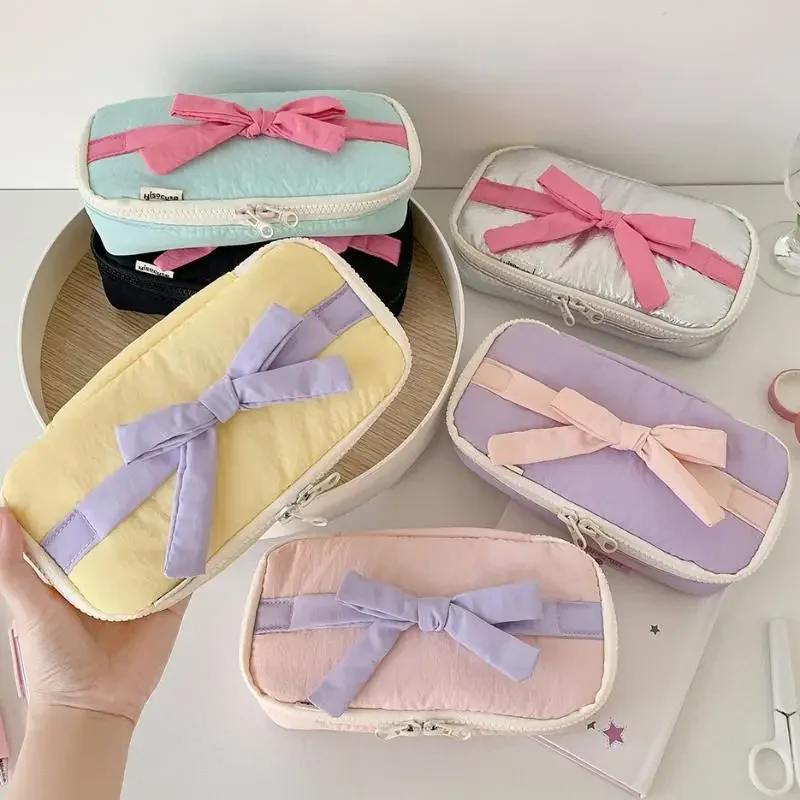 Candy Color Ballet Style Soft Pencil Case Girl Bowknot Stationery Storage Bag High-value Vertical Pencil Case