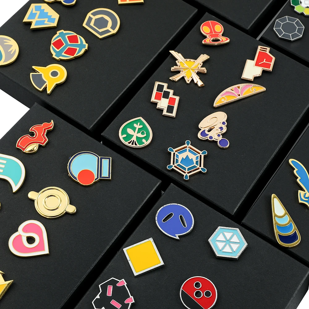 8Pcs/Box Pokemon Gym Badges Sinnoh Unova Kalos Kanto Johto Hoenn League Region Orange Islands Pins Brooches Pocket Monster