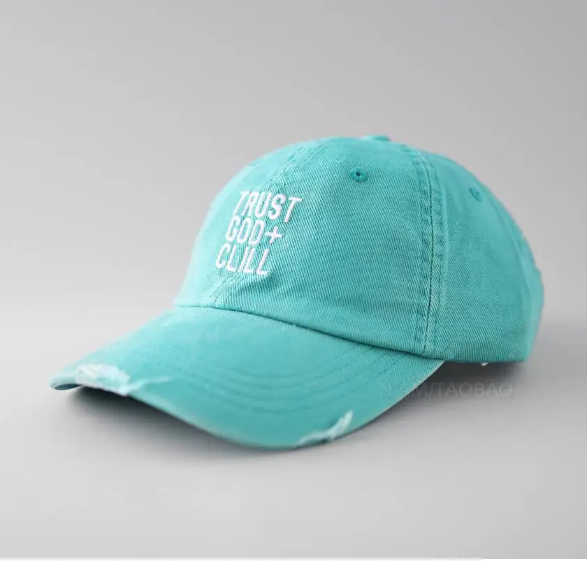 Washed Cotton Unstructured Baseball Cap Trust God Chill Embroidered Unisex Distressed Dad Hat