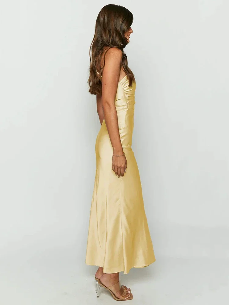 Robe Maxi en Satin pour Femme, Col Diagonal, Dos aux, Longue, Sexy, Nouvelle Collection Été