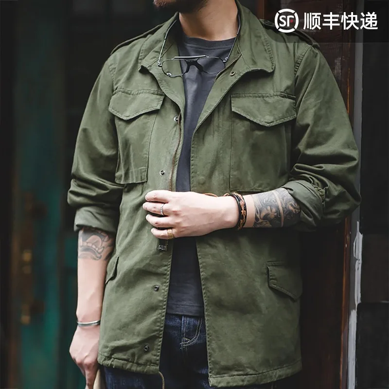 

Maden Military M65 Полевые куртки для мужчин Зеленая винтажная армейская куртка Повседневная ветровка с однотонным воротником с лацканами и карманами Пальто