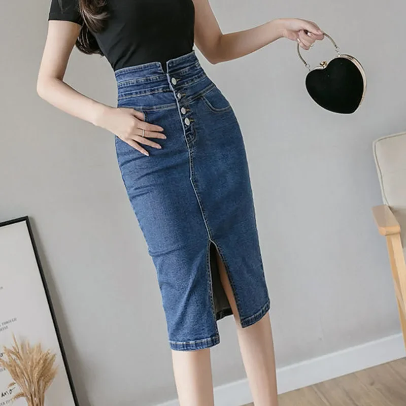 

Fashion Split Denim Skirt Woman Summer Korean Style High Waist Button Blue Midi Skirt Women Elegant Office A-line Skirts
