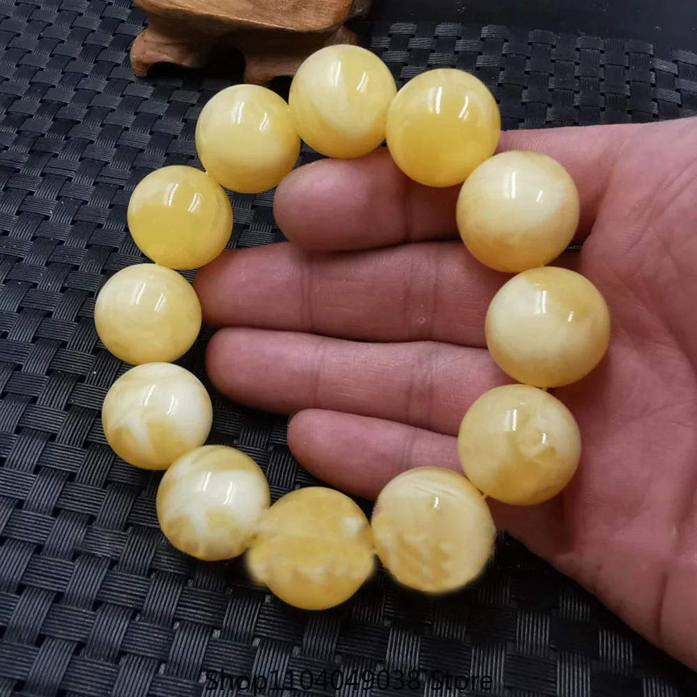 Natural Baltic Amber Elastic Large Bracelet Bracelet Yellow Beeswax Old Honey Wax Amber Bracelets Round Bead Women Mens Gifts