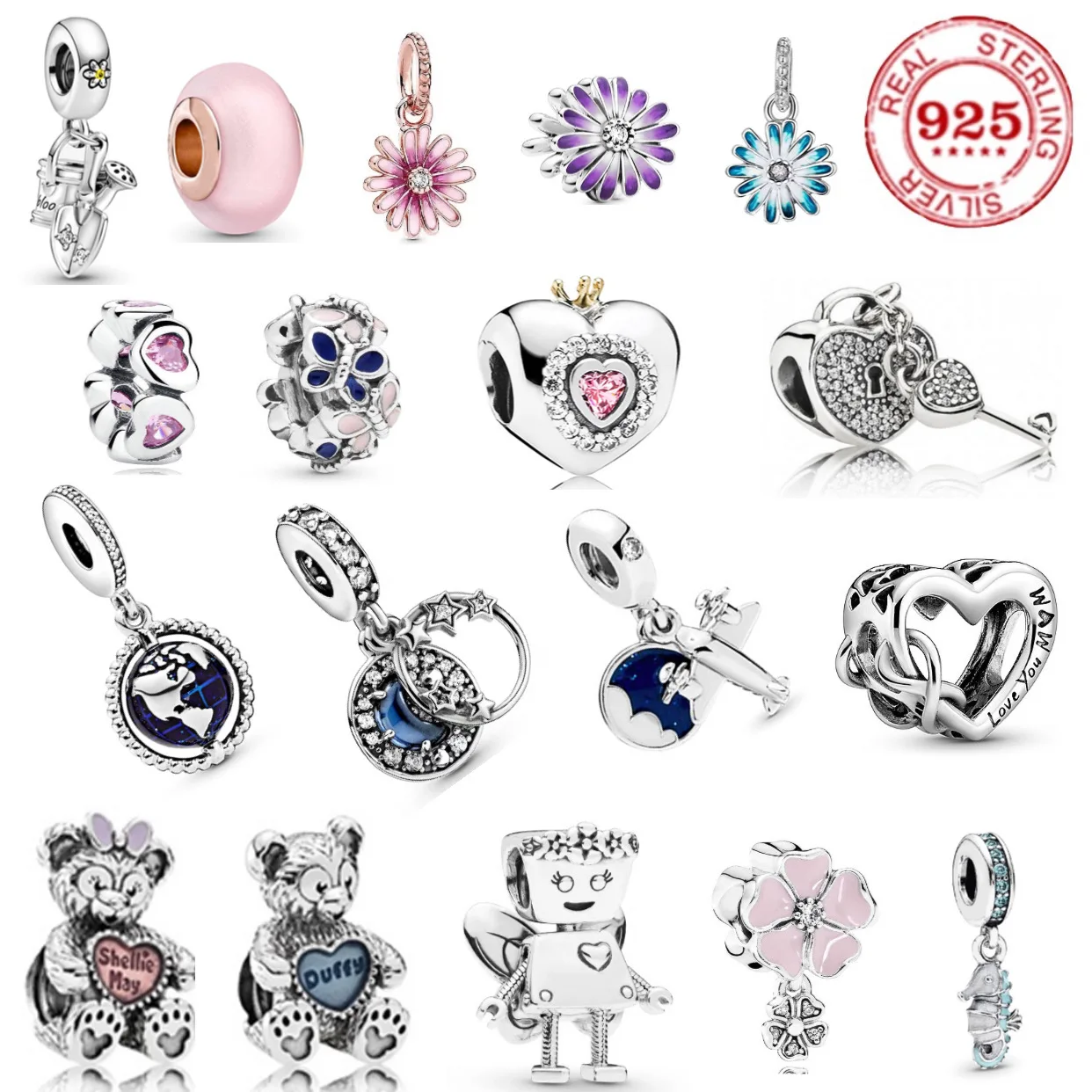 

100%925 sterling silver cute robot bear flower seahorse zircon beads fashionable women's bracelet jewelry gift making