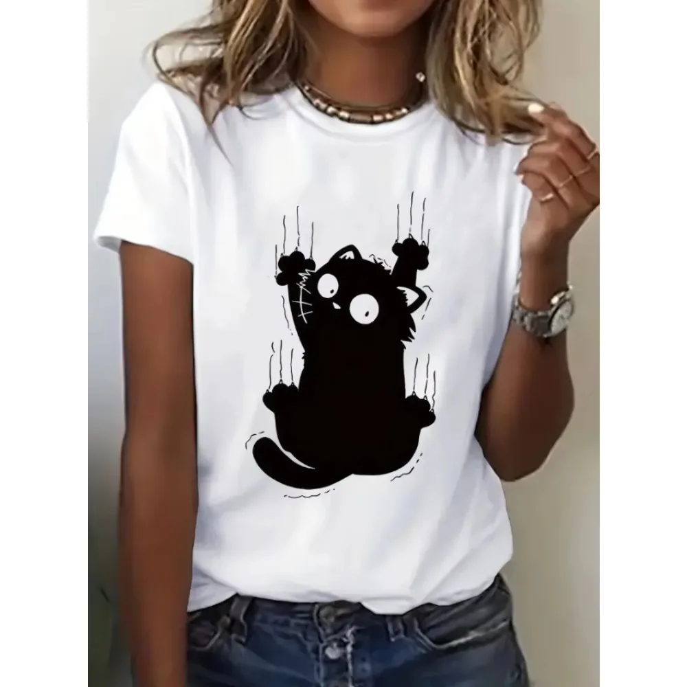Girls Funny Climb Cute Cat Design Print T-shirt Short Sleeve Crew Neck Casual All Season Women's Clothing Top Tee