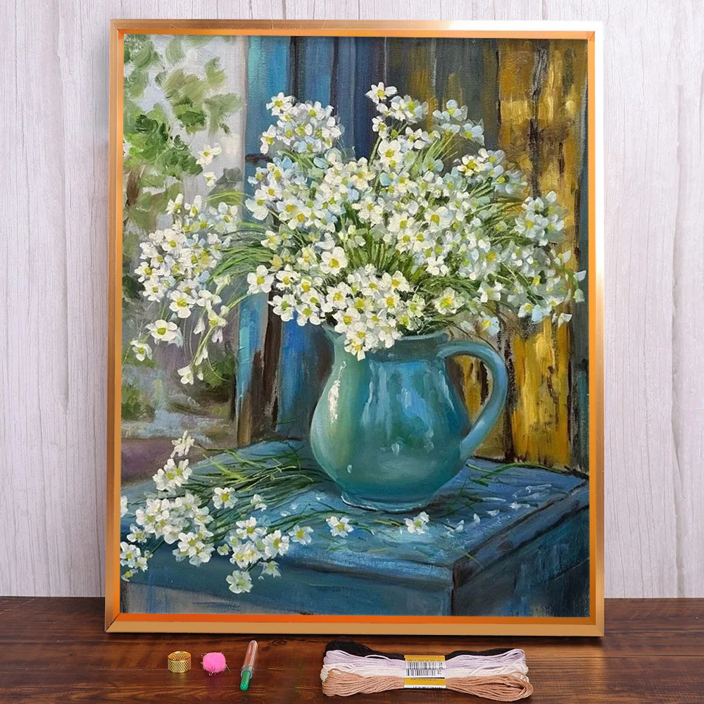 

Still Life Flower Printed Canvas 11CT Cross Stitch Full Kit DIY Embroidery Hobby Needlework Painting Craft Floss Gift Jewelry