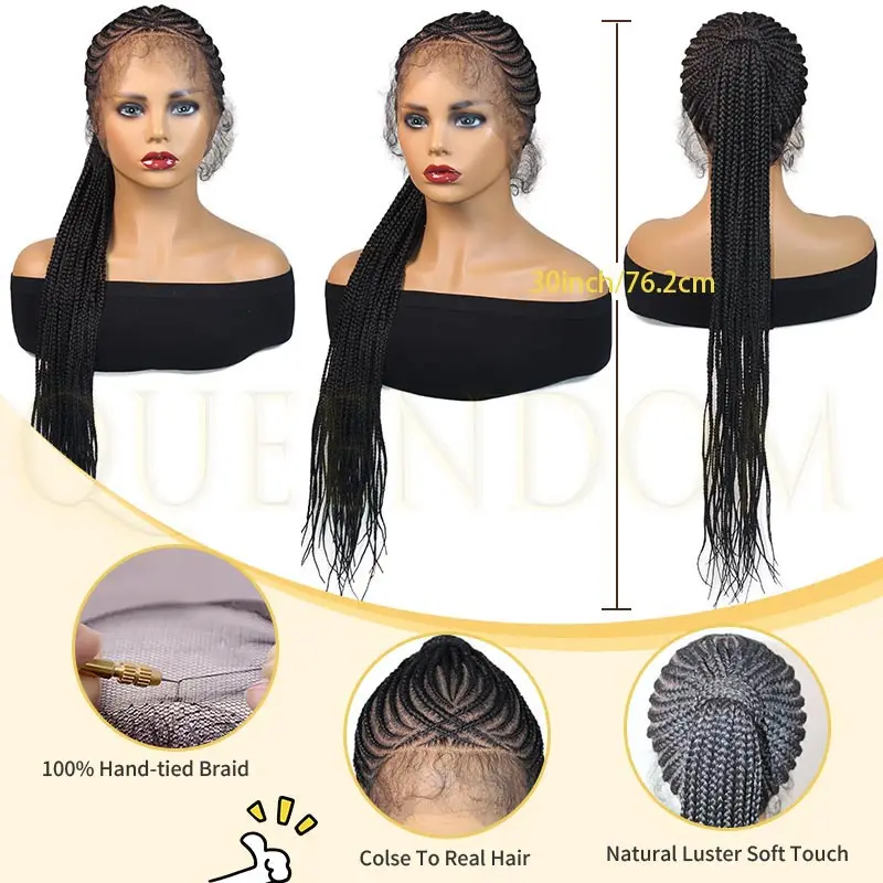 Wig Rambut Sintetis 30" Full Lace Frontal dengan Kuncir Kuda Tinggi untuk Wanita Kulit Hitam, Tanpa Simpul, Model Kepang Kotak, Garis Rambut Alami, Faux Locs