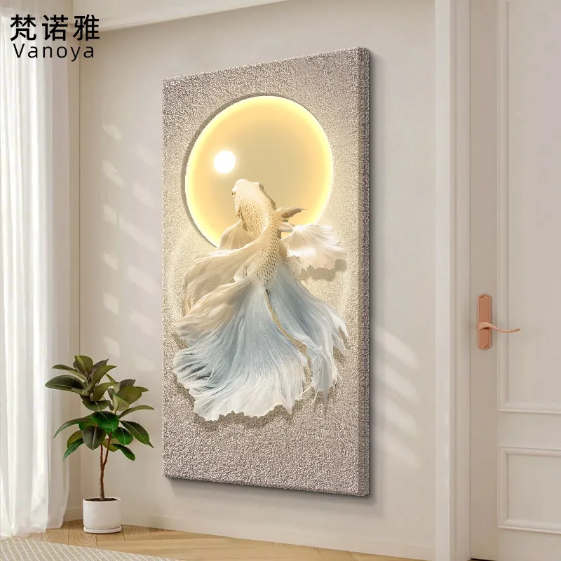 Good Luck Koi Entrance Decor Painting Sandstone Double-Layer 3D Doorway Hallway Wall Light Art
