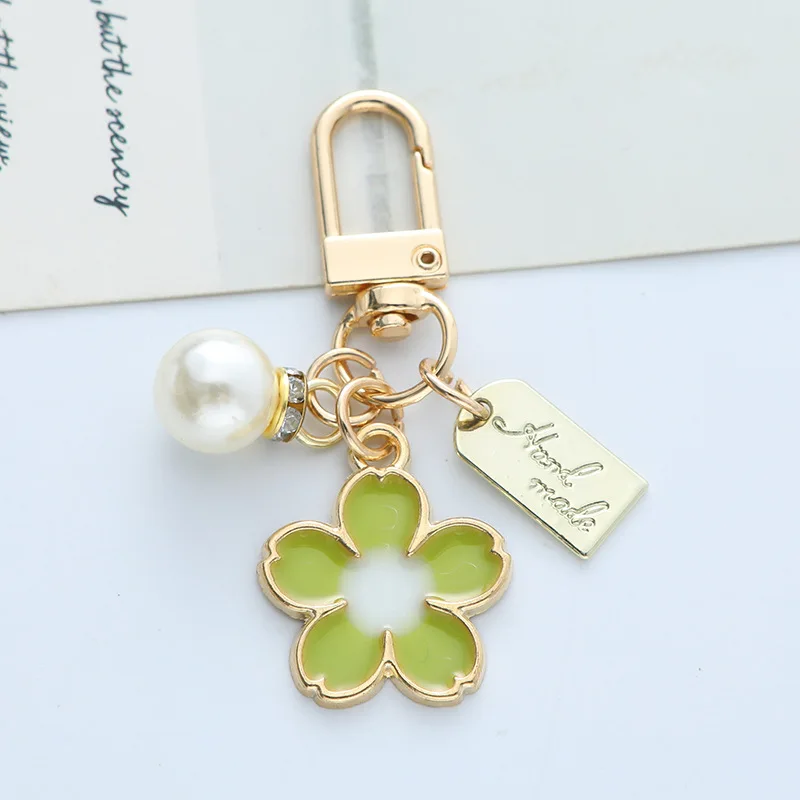 Sweet Cherry Blossoms Pearl Keychain for Women Girls Fashion Cute Gold Color Key Buckle Earphone Box Handbag Key Decoration Gift