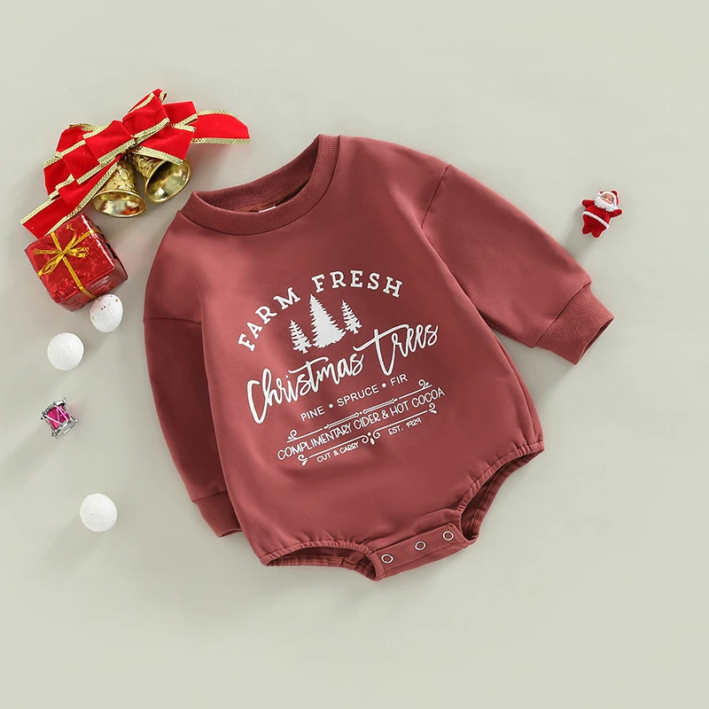 Newborn Baby Girl Boy Christmas Outfit Retro Christmas Tree Crewneck Sweatshirt Romper Oversized Fall Winter Bodysuits Clothes