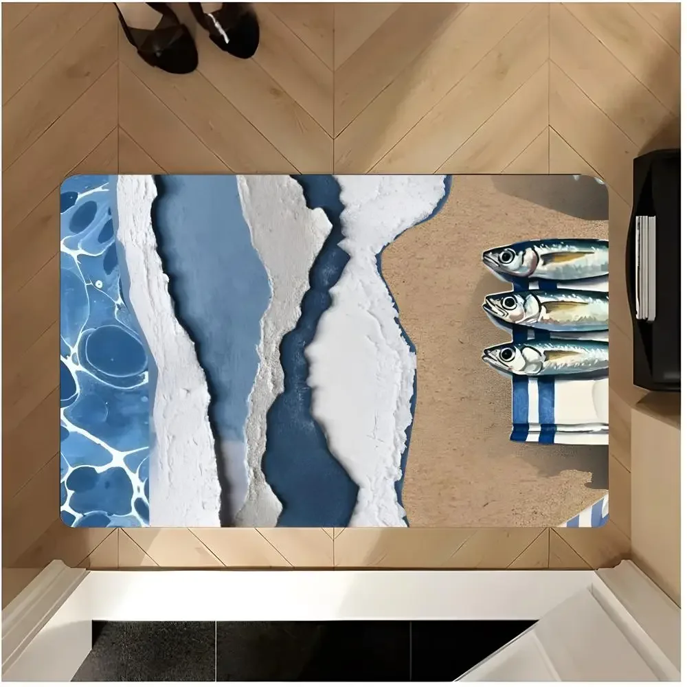 sea wave aquatic decorative print Ocean Element Floor Mat Washable Absorbent Flannel Door Mat Non-Slip Indoor Floor Rug