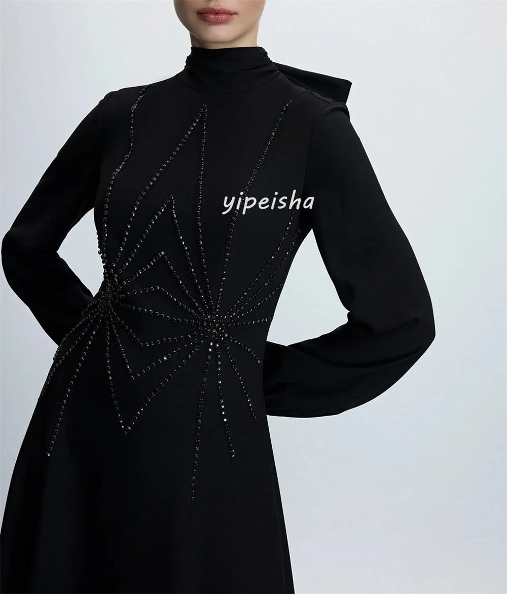 Customized High Quality Jersey Pleat Ruched Rhinestone A-line High Collar Long Dresses Bespoke Occasion Dresses Elegant Fashion