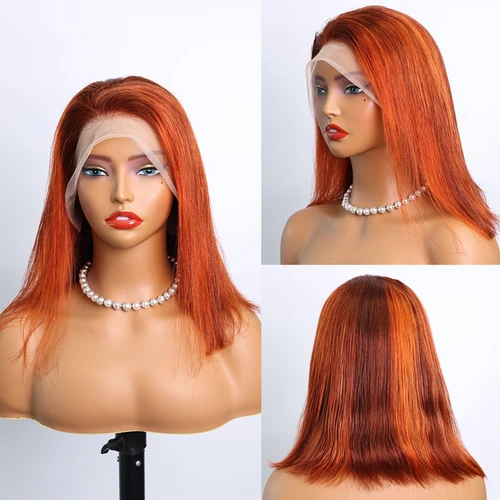 Imagen 2 del producto Peluca Bob corta recta naranja jengibre sedoso 200% densidad resaltado Color naranja 13x4 peluca Frontal de encaje pelucas de cabello humano 100% P4-350