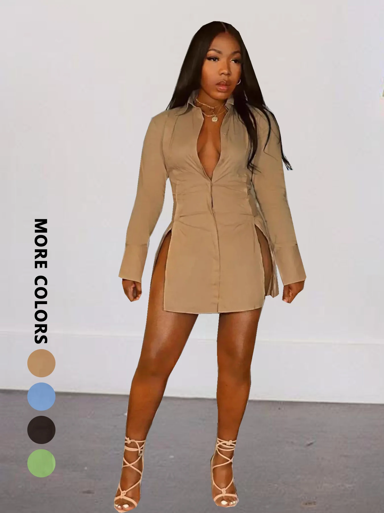 WOMEN'S NEW 2026 AUTUMN SEXY SLIT SHIRT DRESS, VERSATILE WAIST CINCHING FASHION TEMPERAMENT DRESS FOR HOLIDAY GATHERINGS