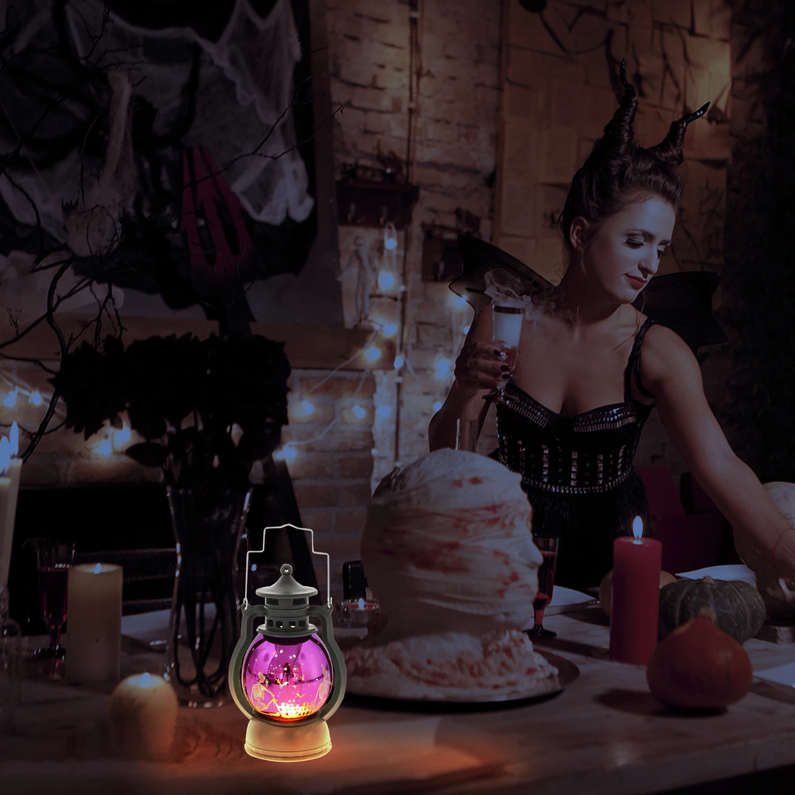 

Lantern Skull Lights Rustic Household Halloween Table Centerpiece Decor Plastic