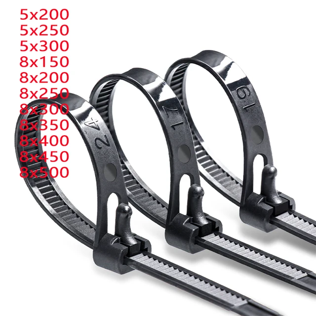 30PCS wyjmowana nylonowa taśma wiążąca biała 5mm 8mm wielokrotnego użytku tworzywa sztucznego samodzielnie blokująca się taśma wiążąca suwakiem stała taśma wiążąca czarna 5,200 8,300 8,400 8,500mm