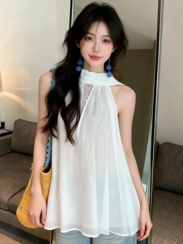 

French Style Loose Lace Trim Splice Sleeveless Shirt Women's Summer New Holiday Loose Shirt Elegant Atmosphere Design Sense