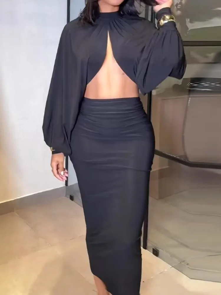 

Black Sexy Skirt Set Women Fashion Long Sleeve O Neck Loose Short Top+Package Hip Skirts 2 Piece Sets Lady Holiday Beach Party