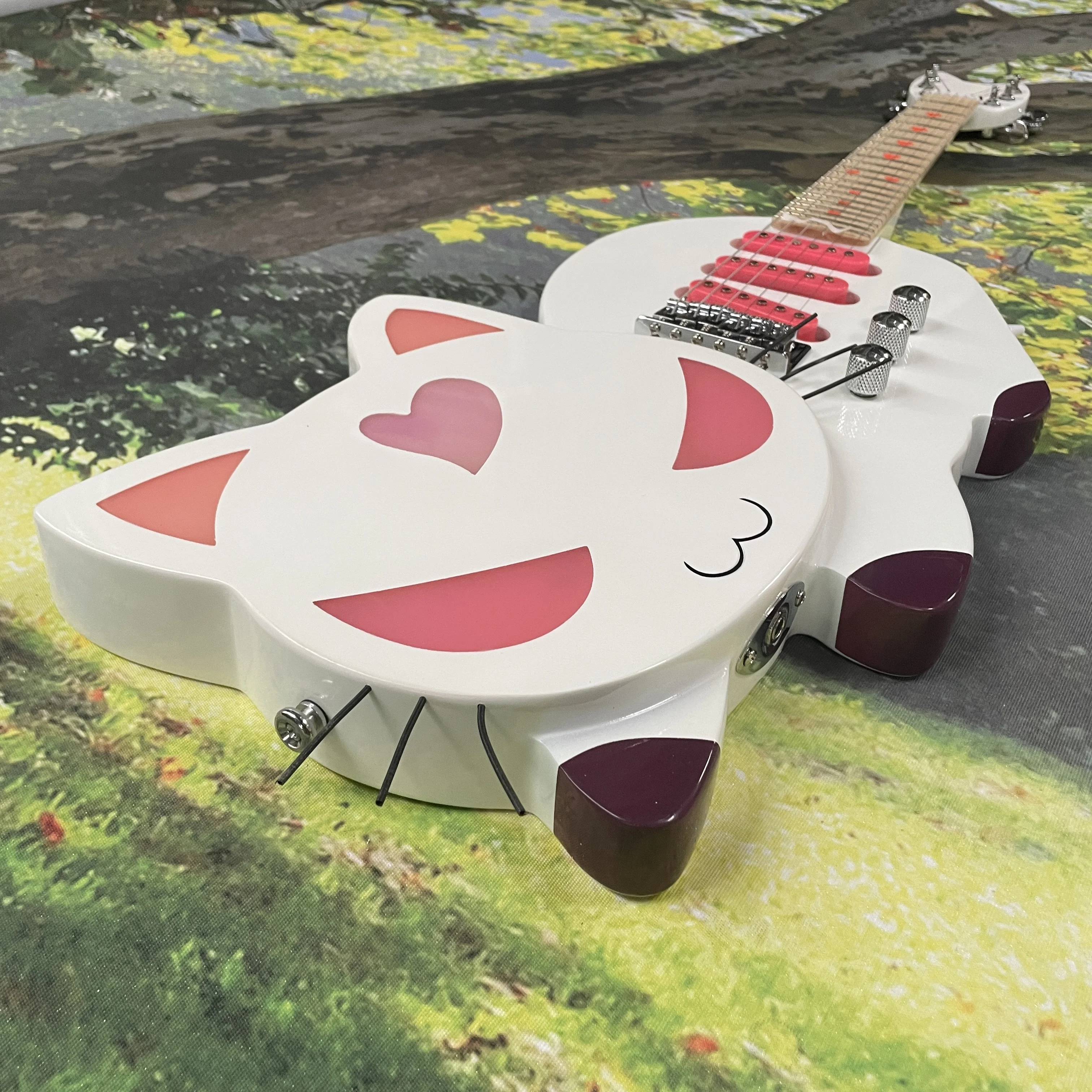 Heart Shape Electric Guitar, White Gloss, Pink Purple Cat Art, 3 Single Coils, Chrome Fixed Bridge, Cute Stage Collectible