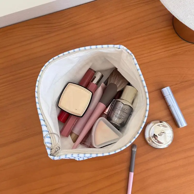 ライトブルーのストライプのリボン付き化粧品バッグ、女性用トラベルメイクアップオーガナイザー、ジッパー付き、多用途トイレタリーポーチ