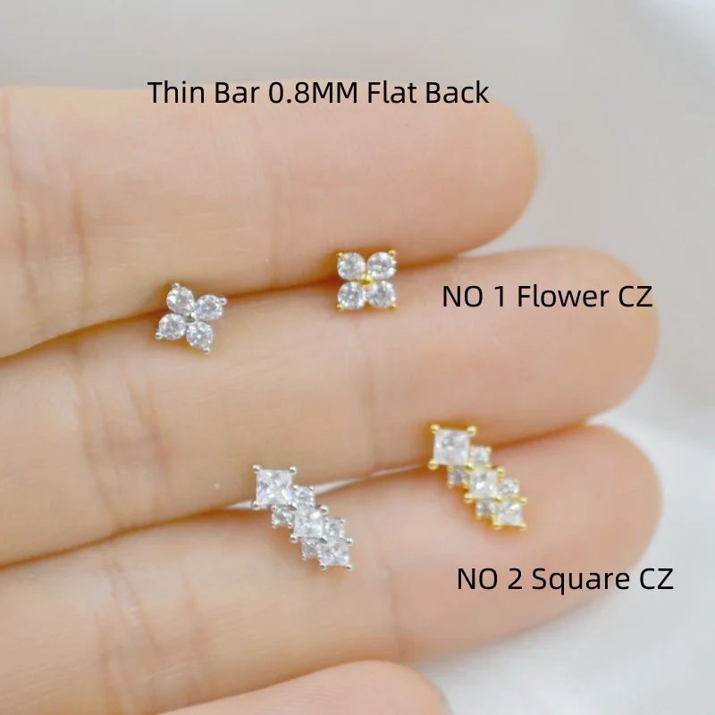 

LOT50pcs Body Jewelry Piercing - Flowers CZ Shape Lip Labret Ring Ear Helix Bar Lip Piercing SliverGold Thin Bar