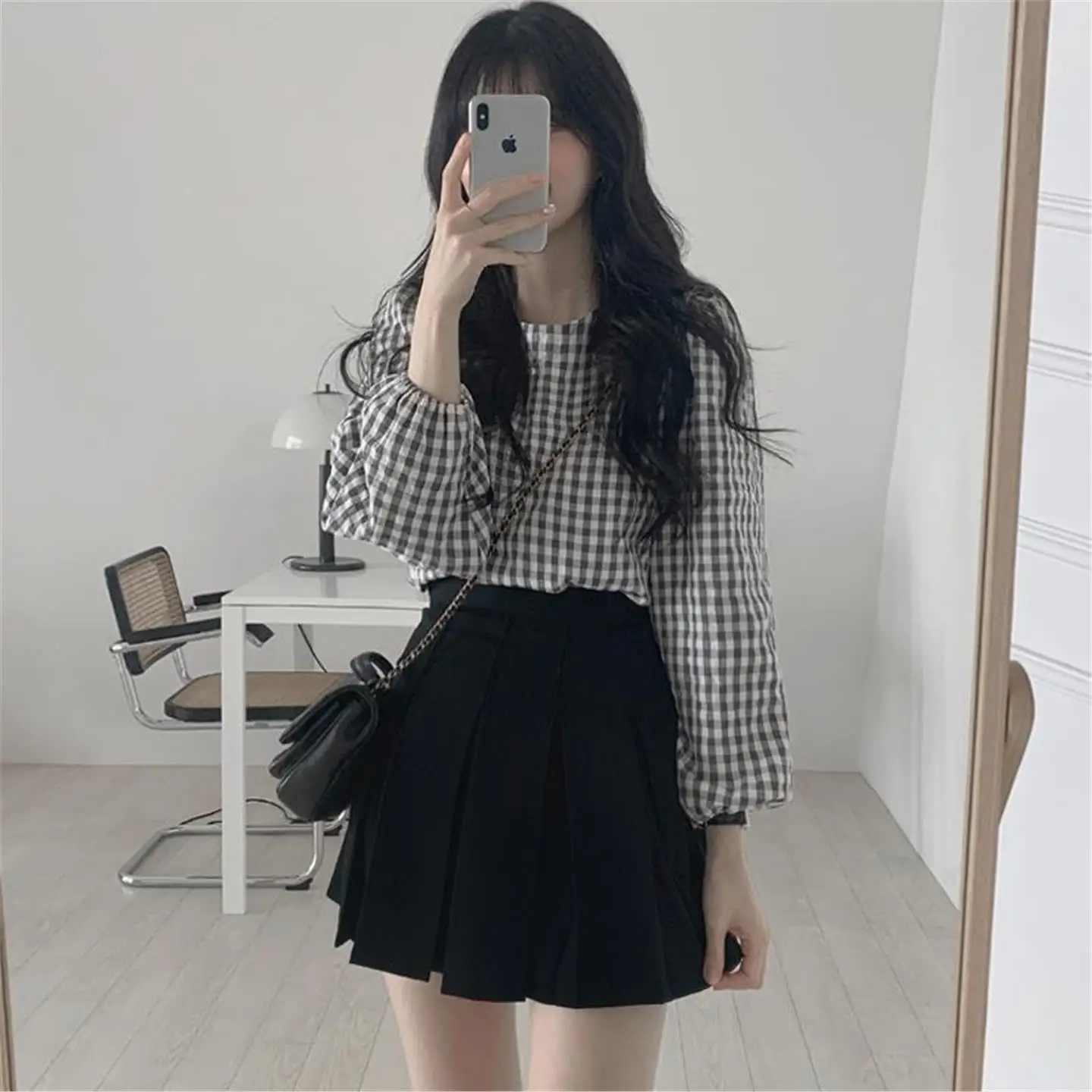 

Classic Plaid Long Sve irt Versatile Women's Faion Spring Autumn Design Commute Sle Loose Fit round Ne Top