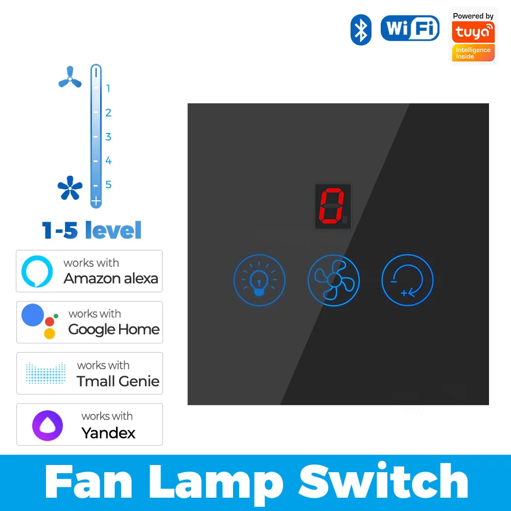 สวิตช์ไฟอัจฉริยะแบบสัมผัส Graffiti Smart Home WiFi สวิตช์ติดผนังทันสมัยสำหรับพัดลมและไฟ ปรับความเร็วได้ ควบคุมการตั้งเวลาผ่านแอป Wall Rules