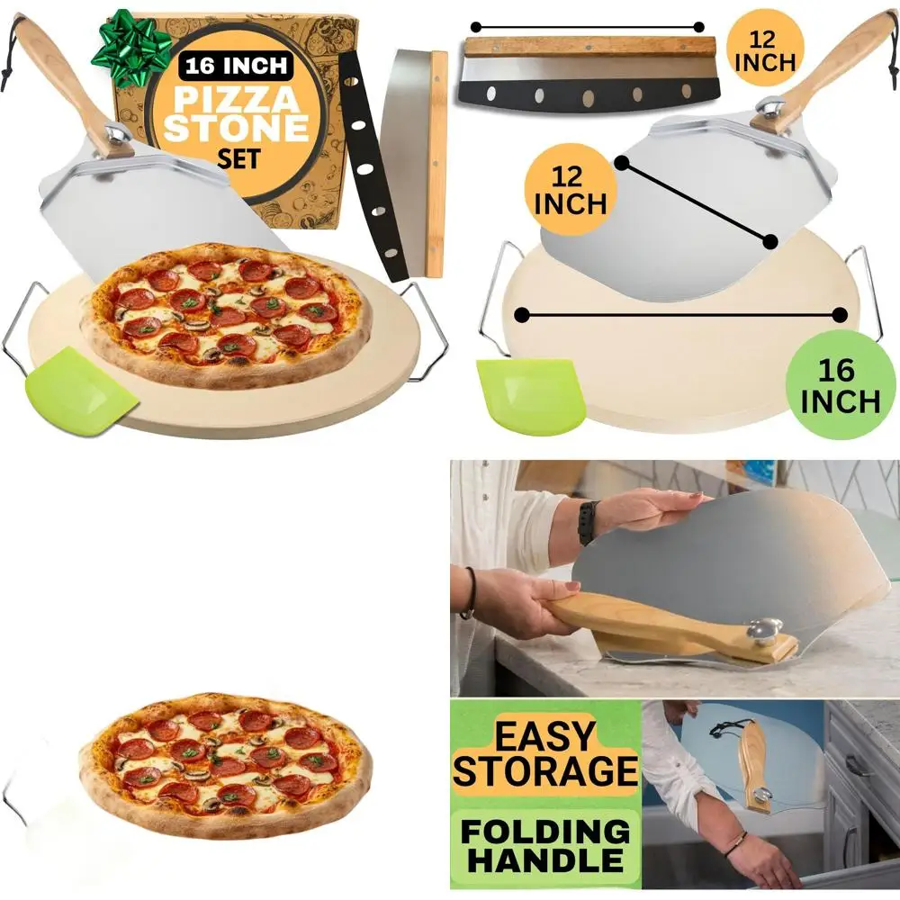 

16 Inch Round Pizza Stone Set - Includes Handles, Peel, Cutter, Dough Tool - Thick Cordierite Stone for Baking Bread & Pizzas