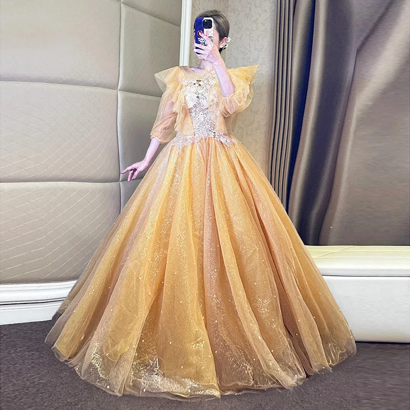 

New Golden Shining Evening Dresses Elegant Beading Lace Appliques Ball Gown Tank Sleeves Sequined Pearls Vestido De Debutante