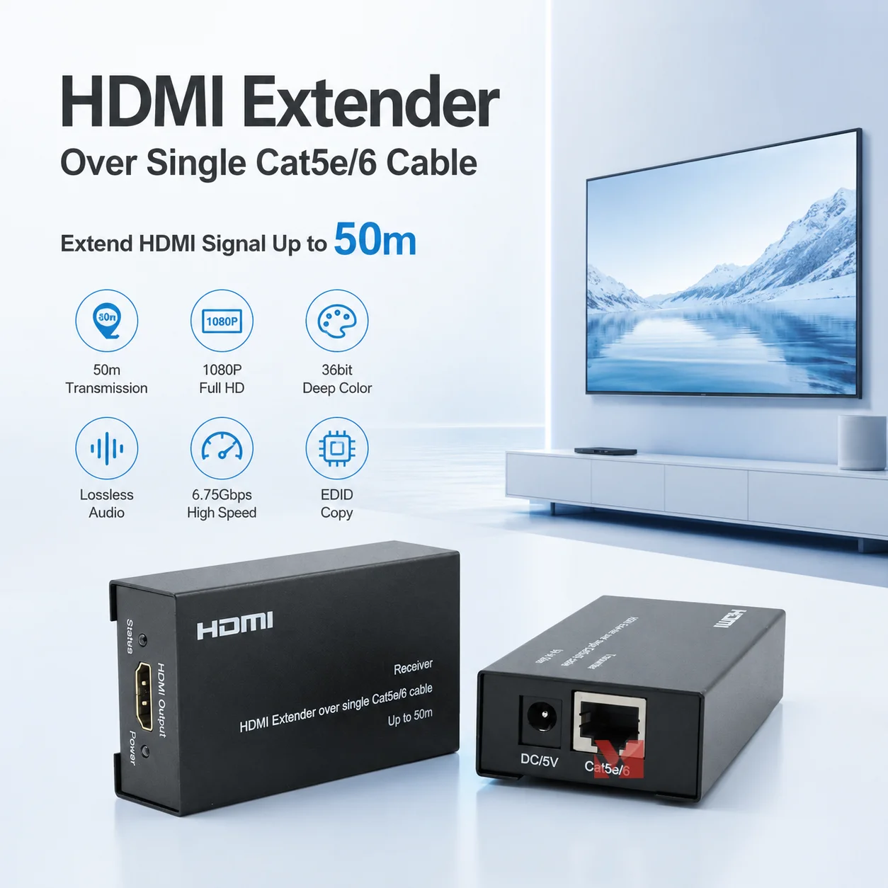 50M HDMI Extender Over Cat5e/Cat6 Cable 1080P Full HD HDMI Signal Extender with EDID HDMI Transmitter Receiver