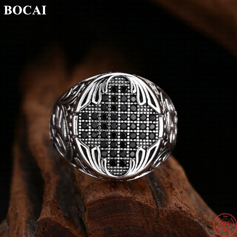 BOCAI S925 Sterling Silver Rings for Men Retro Eternal Rattan Pattern Inlaid Micro Zircon Oval Fashion Punk Jewelry ﻿Wholesale