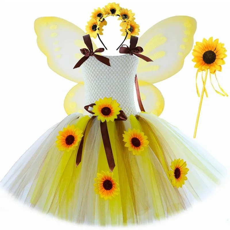Sunflower Fairy Dress for Girls,Sunflower Tutu Skirt,Sheer Tulle Princess Dress for Toddlers for Halloween and Christmas Parties