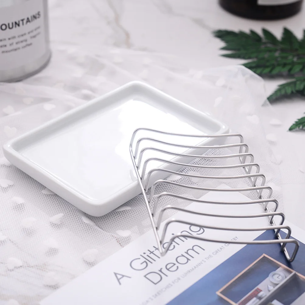 

1Pcs Elegant Double Layer Soap Box Hollow Stainless Steel Grid Ceramic Base for Bathroom Kitchen Washroom White