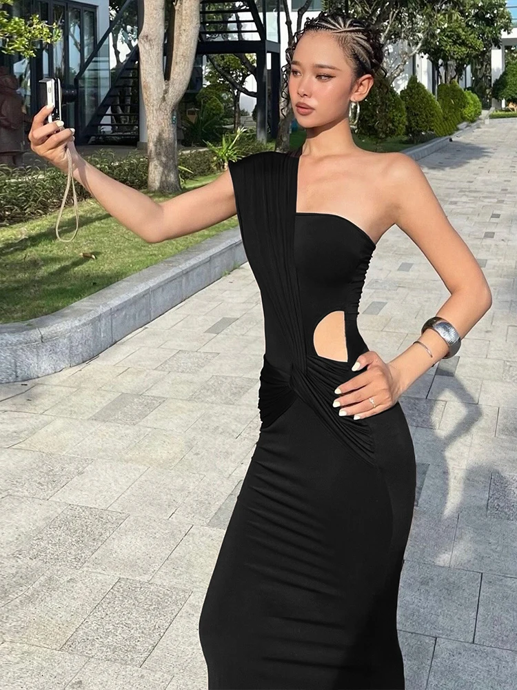 시스터린다 홀로우 원숄더 엘레강트 드레스 여성 섹시 크로스 루치드 슬리브리스 스트레치 스키니 프롬 파티 클럽 패션 베스티도스