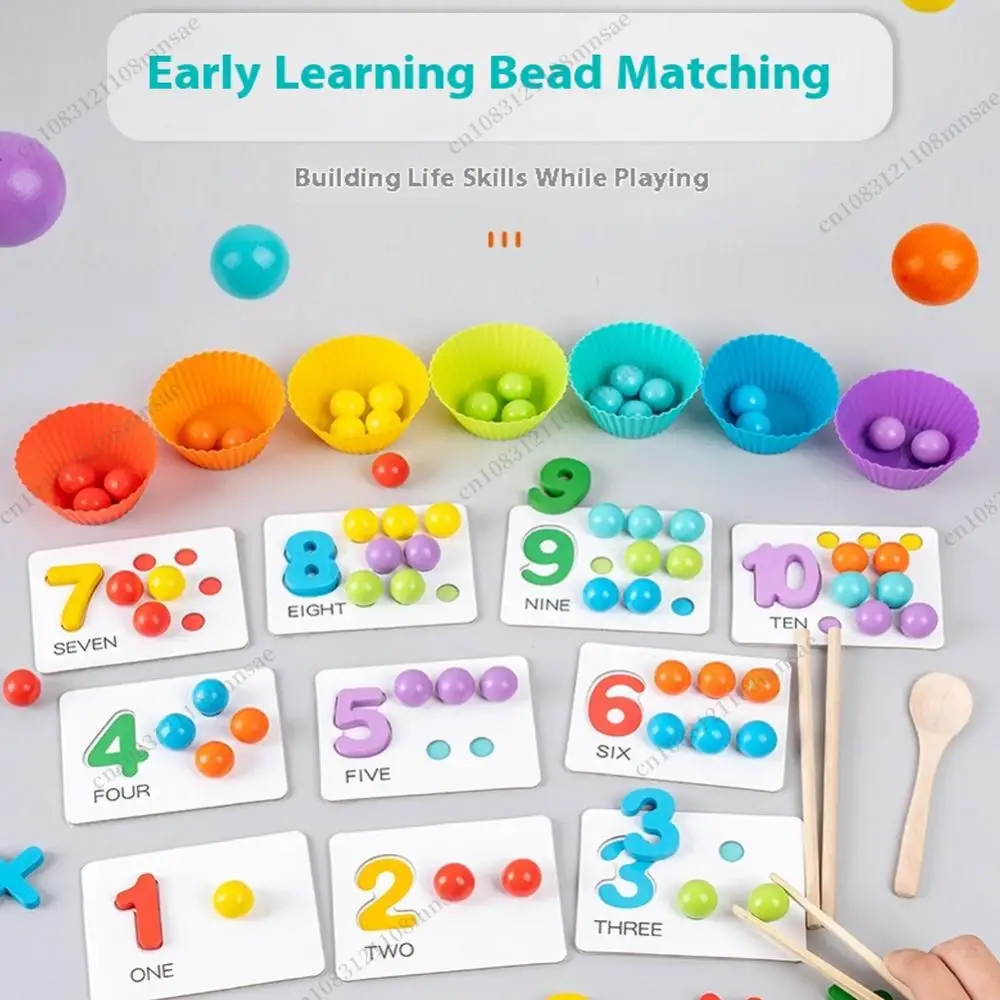 木製モンテッソーリ算数数学おもちゃセット、ビーズ、箸、スプーン付き、幼児・幼稚園学習用おもちゃセット、子供へのギフトに
