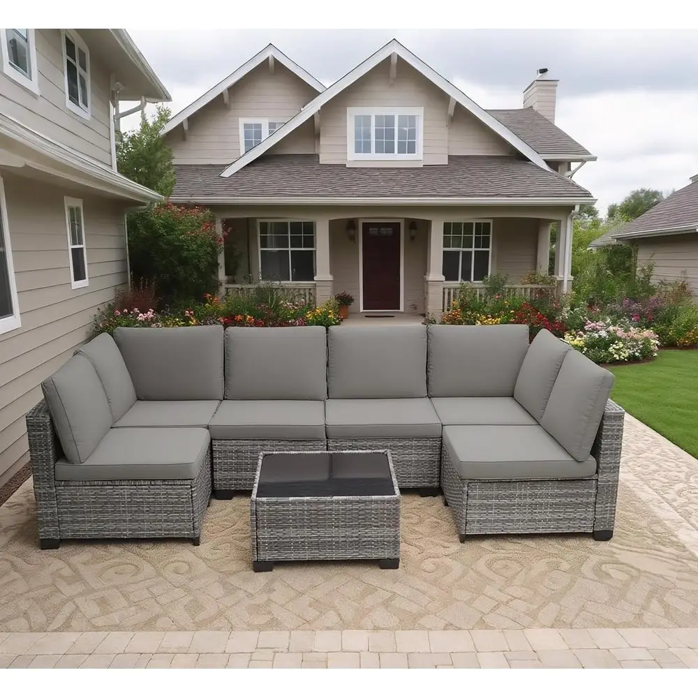 

Всепогодный уличный секционный диван-комплект из серого искусственного ротанга с стеклянным столом и моющимися подушками для заднего двора, Sunro