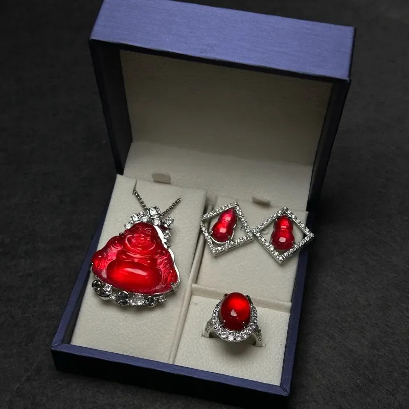 

Natural High-ice Quartzite Jade Red Set, Classic Fashion, Three-piece Jewelry