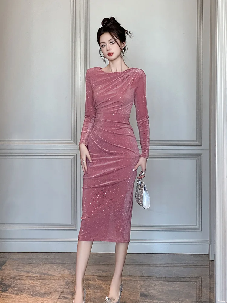 Autumn and Winter New Style French Heavy Industry Hot Diamond Cover-Up Pleated Slim Dress with Long Skirt Inside for Women