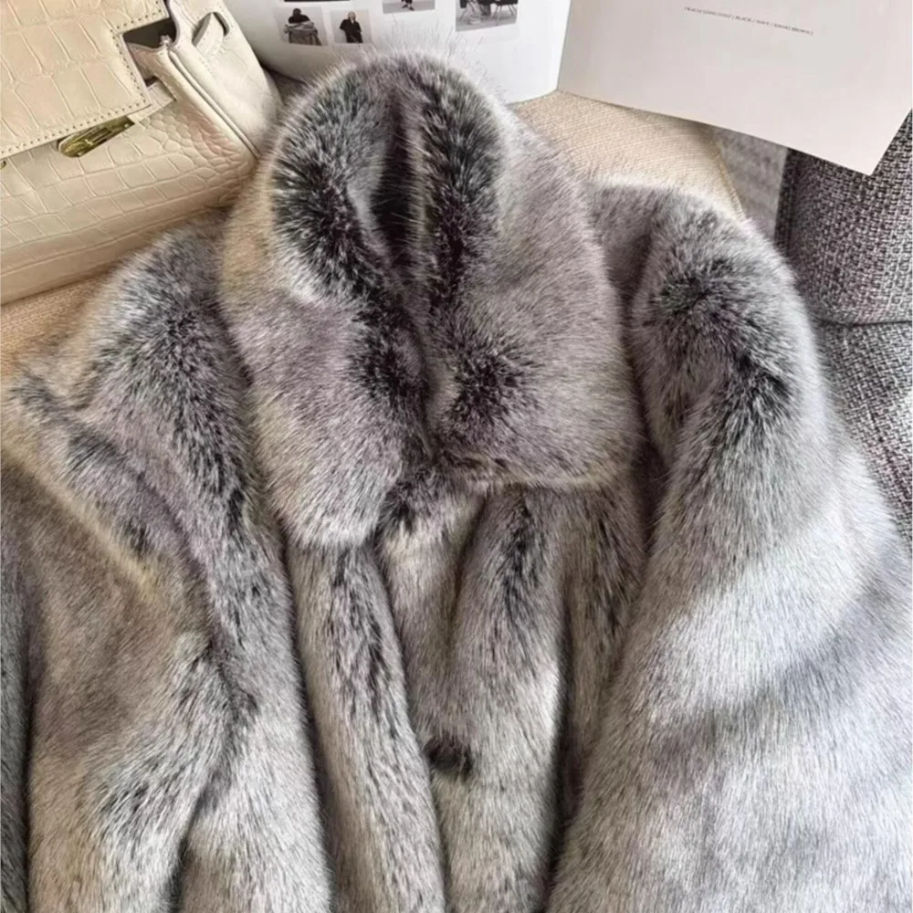 Winter Gradient Gray Lapel Collar Hairy Shaggy Faux Fur Coat Retro Full sleeve Furry Fur Women Covered Buttons Loose Outerwear