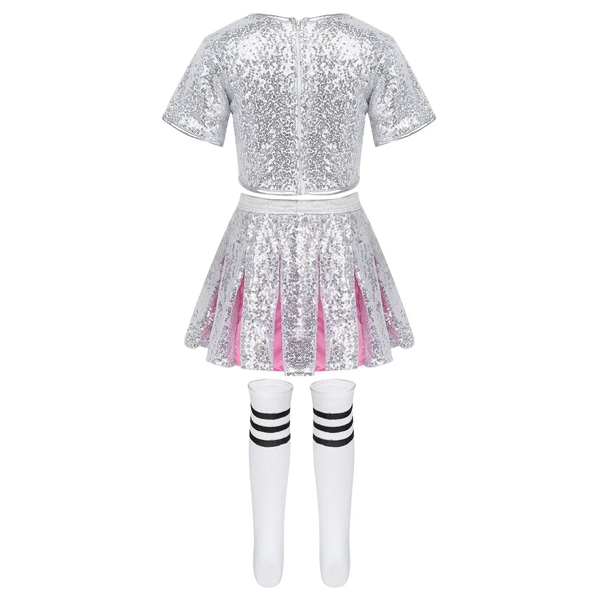 Kids Girls Cheerleading Outfit Hip Hop Jazz Dance Costume Children Shiny Sequin Short Sleeve Crop Top with Skirt Socks Dancewear