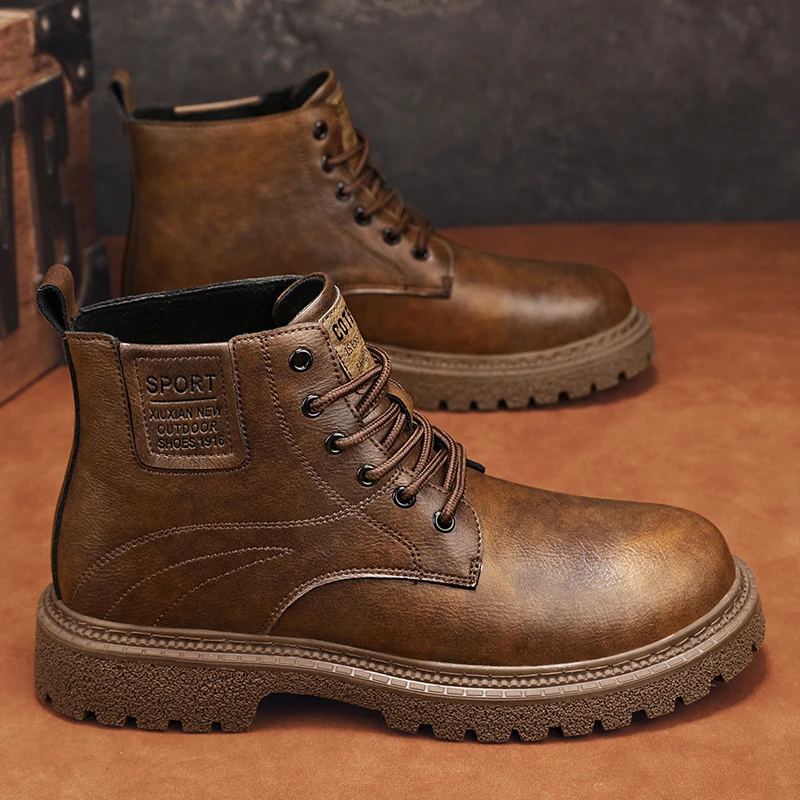 

2025 New Men's Big Yellow Boots Durable Anti - Skid Sole High - Top Chunky Sole Winter Fleece Lined British Work Boots Motorcycl